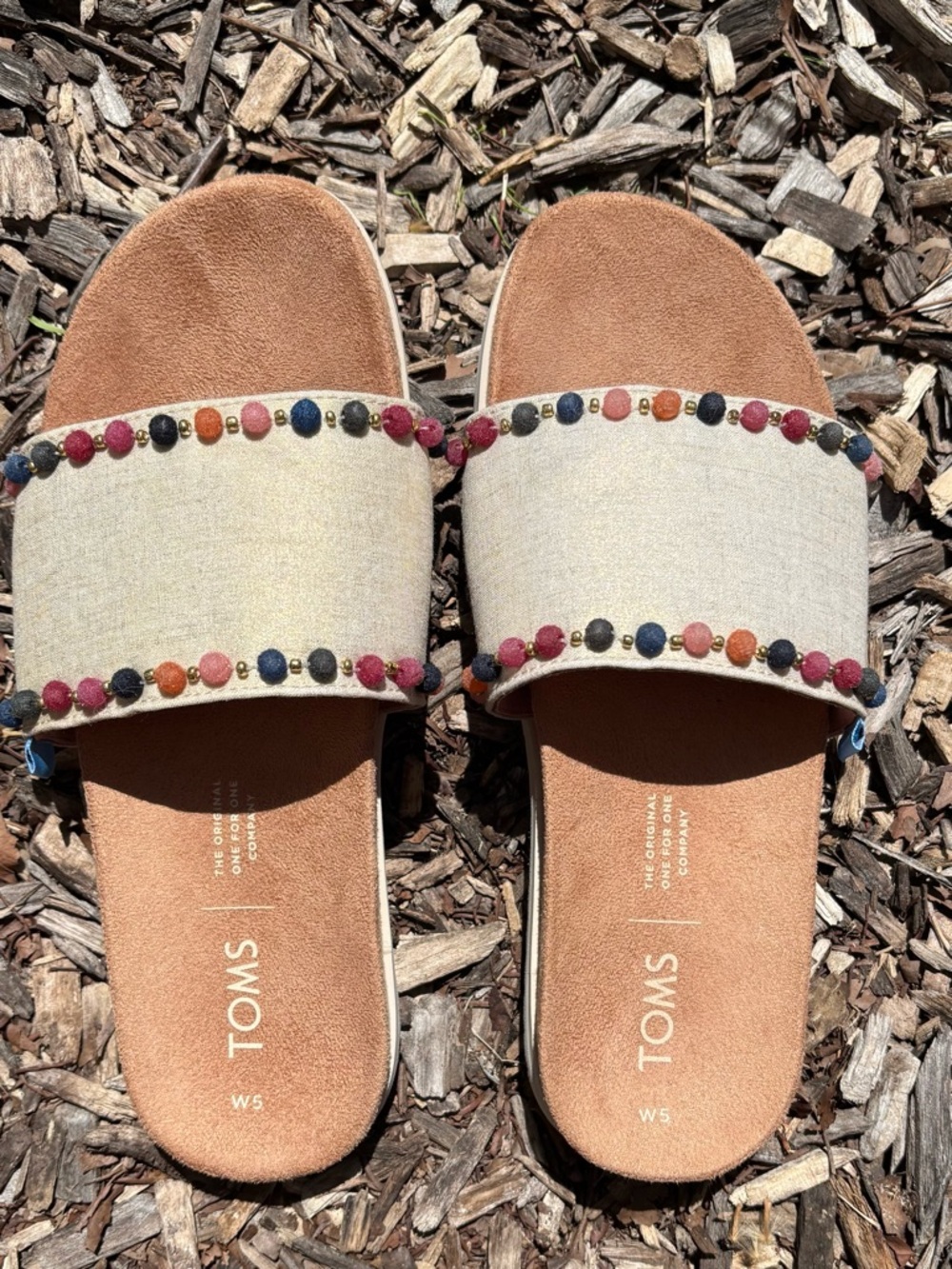 TOMS Beige Slide Sandals with Multicolor Bead Detail
